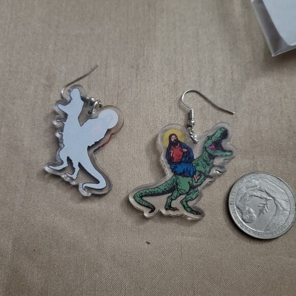 Funny Jesus T Rex dinosaur earrings - Picture 2 of 2